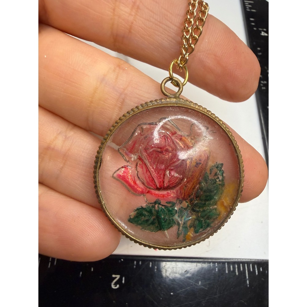 Vintage Hand Painted Rose Pendant Necklace Gold Tone Floral Round Cabochon 18in